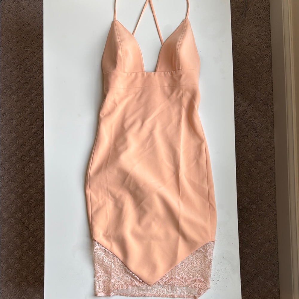 House of CB Peach with Lace Trim Midi Spaghetti Straps Bodycon 🍑